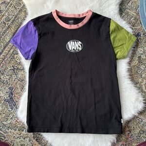 VTG Vans women's Colorblock Ringer TShirt Black Purple Green Pink X Small